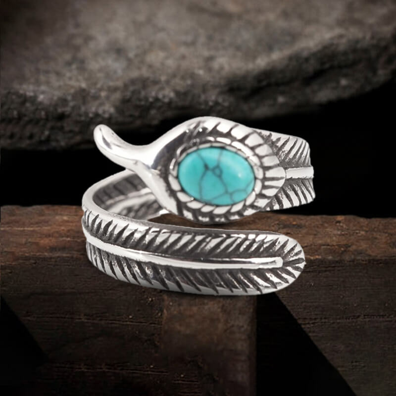 Vintage Turquoise Feather Stainless Steel Ring03 | Gthic.com