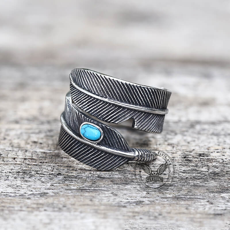 Vintage Turquoise Feather Stainless Steel Ring | Gthic.com