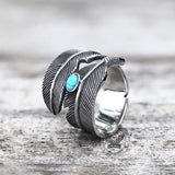 Vintage Turquoise Feather Stainless Steel Ring