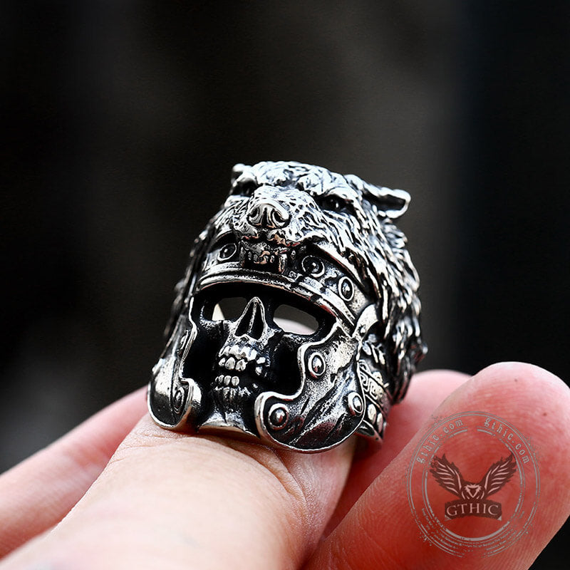 Vintage Warrior Wolf Head Stainless Steel Skull Ring 02 | Gthic.com