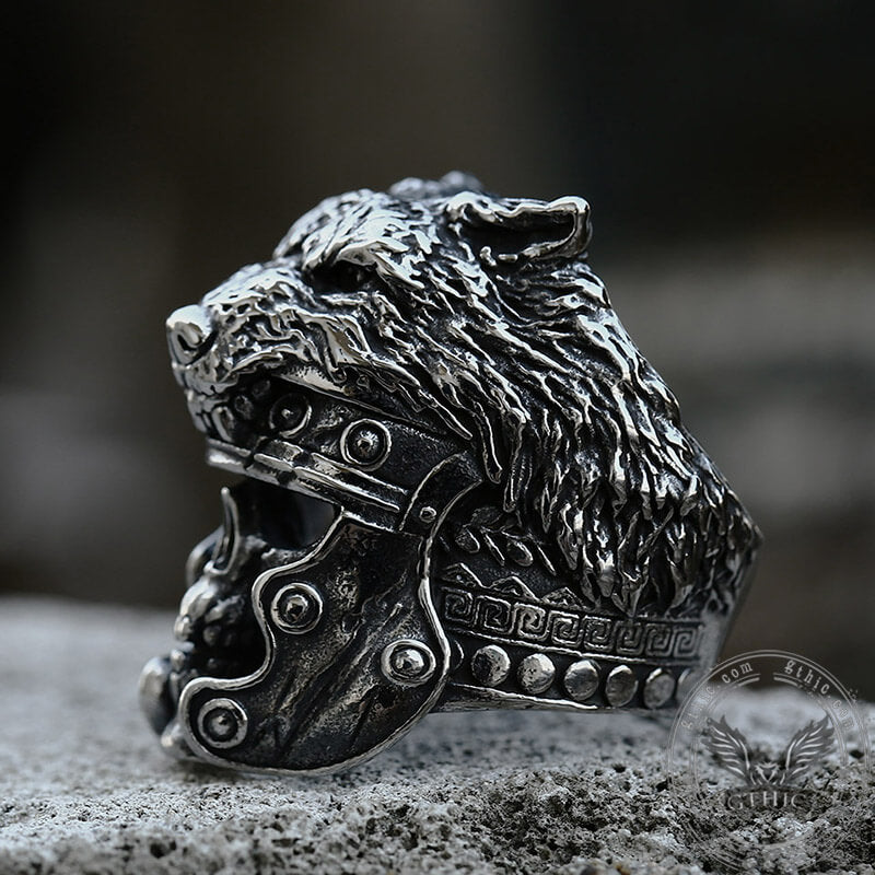 Bague Tête de Mort en Acier Inoxydable Tête de Loup Guerrier Vintage