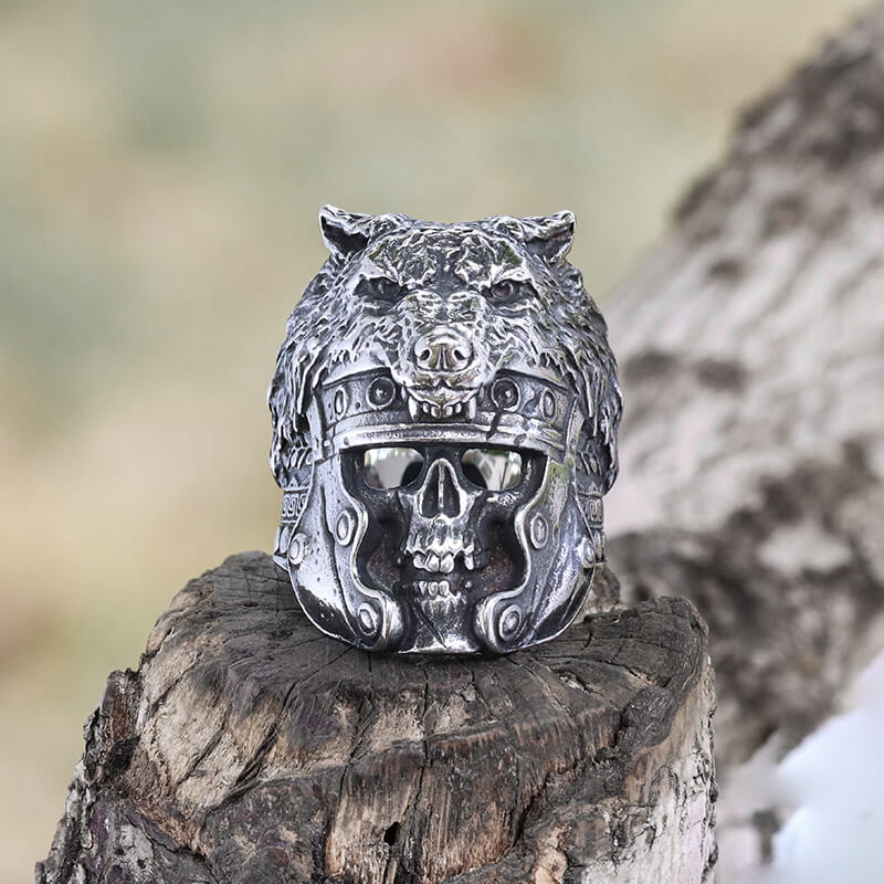 Vintage Warrior Wolf Head Stainless Steel Skull Ring 04 | Gthic.com