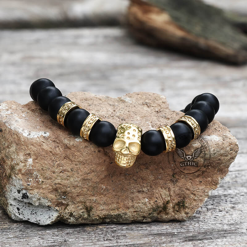 Volcanic Rock Stainless Steel Skull Bracelet