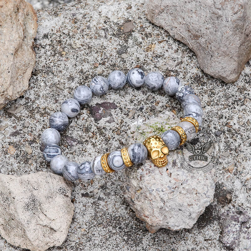 Bracciale teschio in acciaio inossidabile con roccia vulcanica