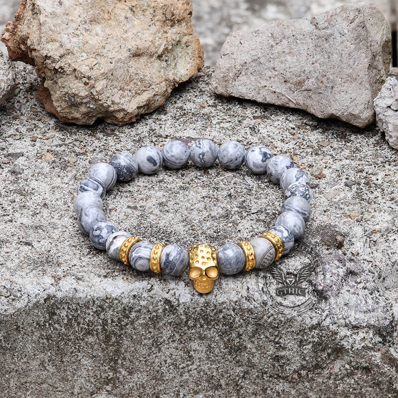 Volcanic Rock Stainless Steel Skull Bracelet | Gthic.com