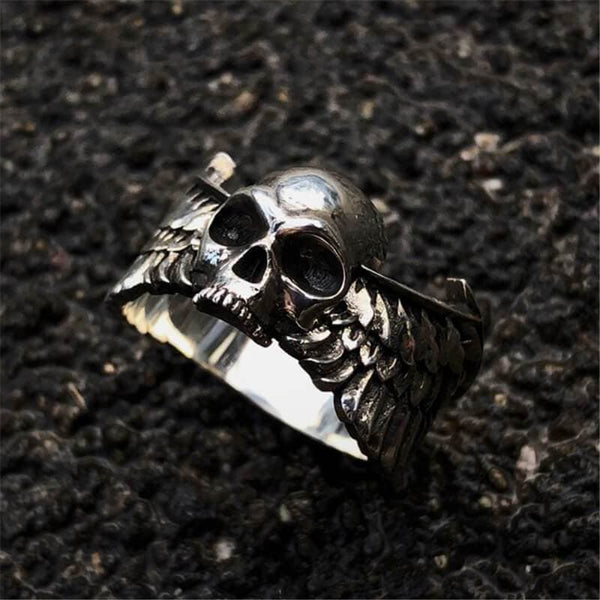 Winged Skull Sterling Silver Ring 01 | Gthic.com