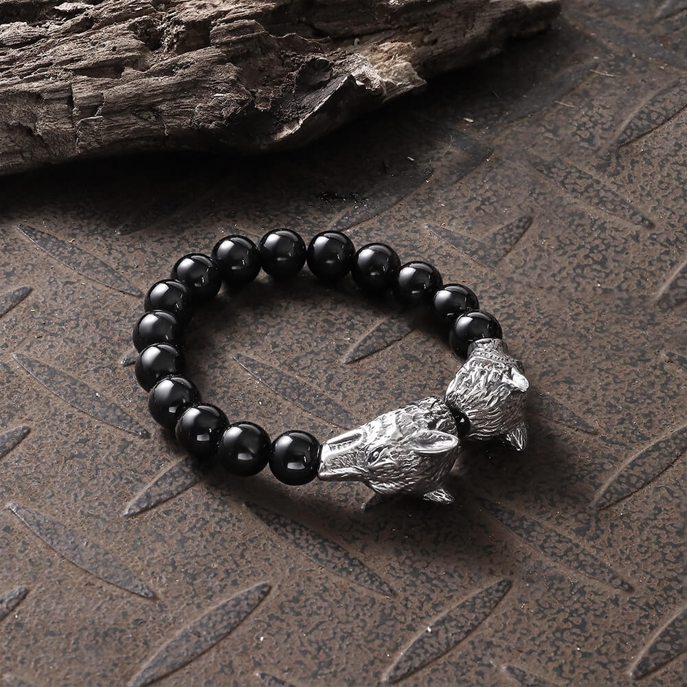 Wolf Glass Stone Stainless Steel Viking Bracelet04 | Gthic.com