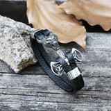 Wolf Head Braided Stainless Steel Leather Bracelet 01 silver| Gthic.com