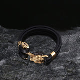 Wolf Head Braided Stainless Steel Leather Bracelet 03| Gthic.com