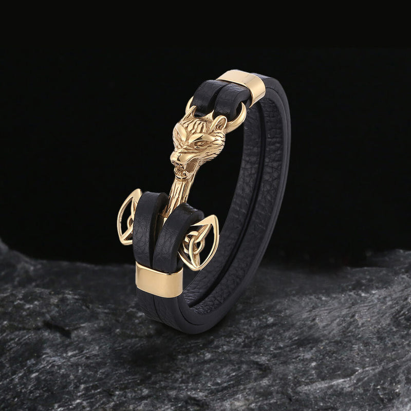 Wolf Head Braided Stainless Steel Leather Bracelet 02 gold| Gthic.com