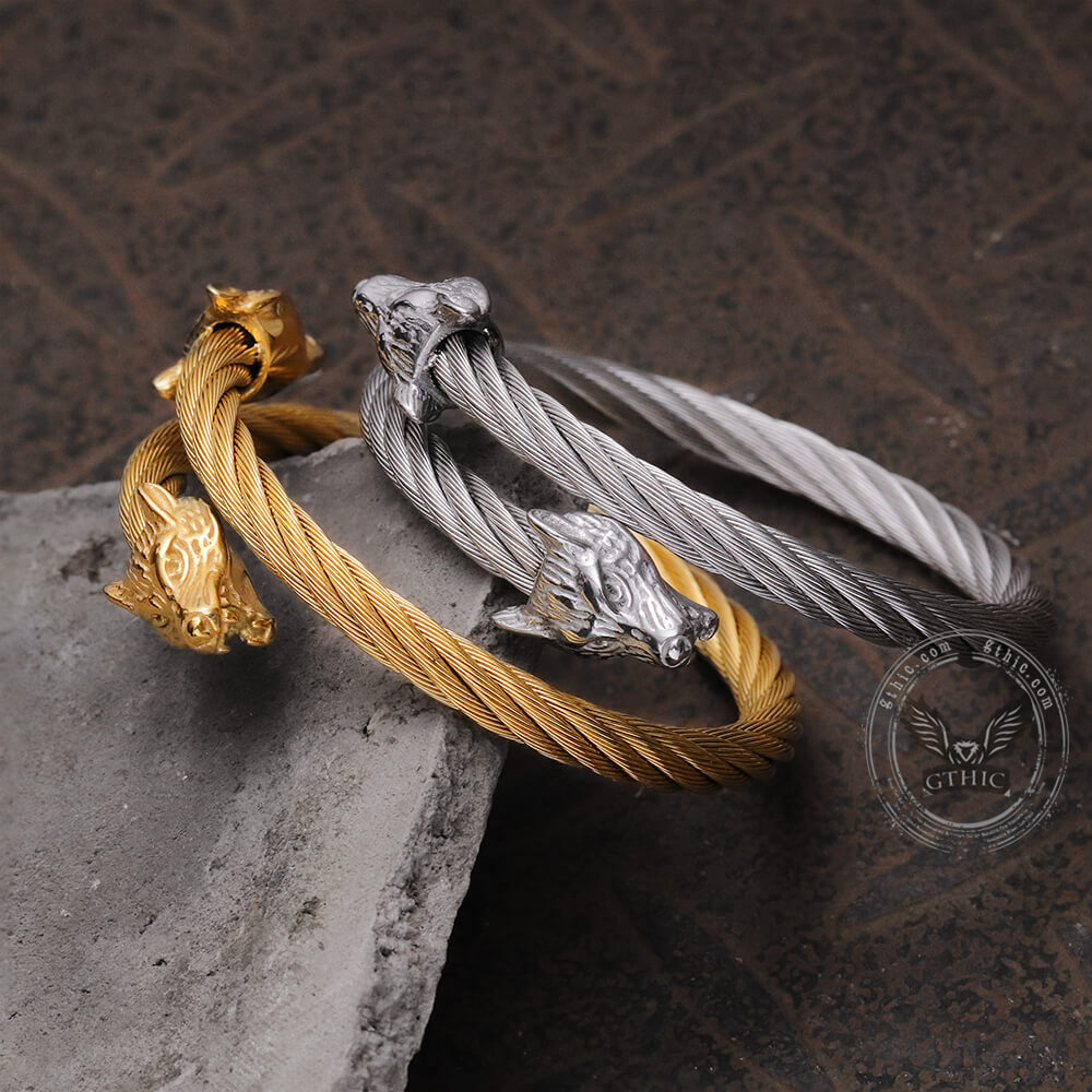 Wolf Head Stainless steel Open Bracelet02 | Gthic.com
