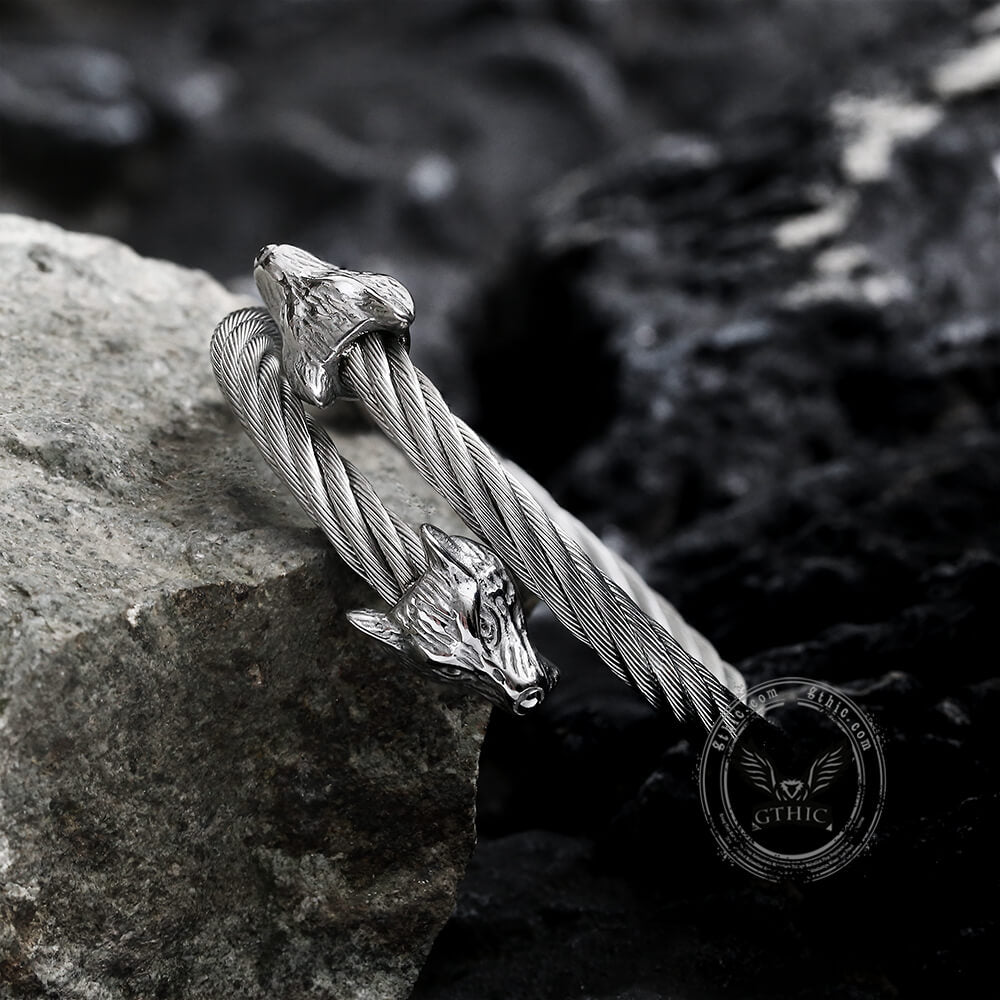Wolf Head Stainless steel Open Bracelet03 | Gthic.com