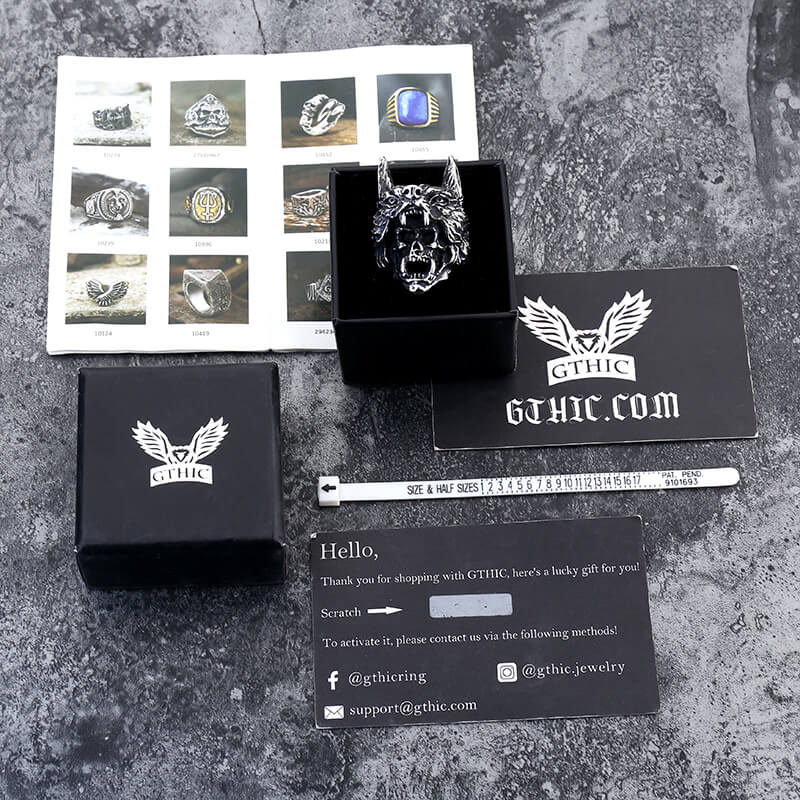 Bague tête de mort en acier inoxydable Wolf Warrior