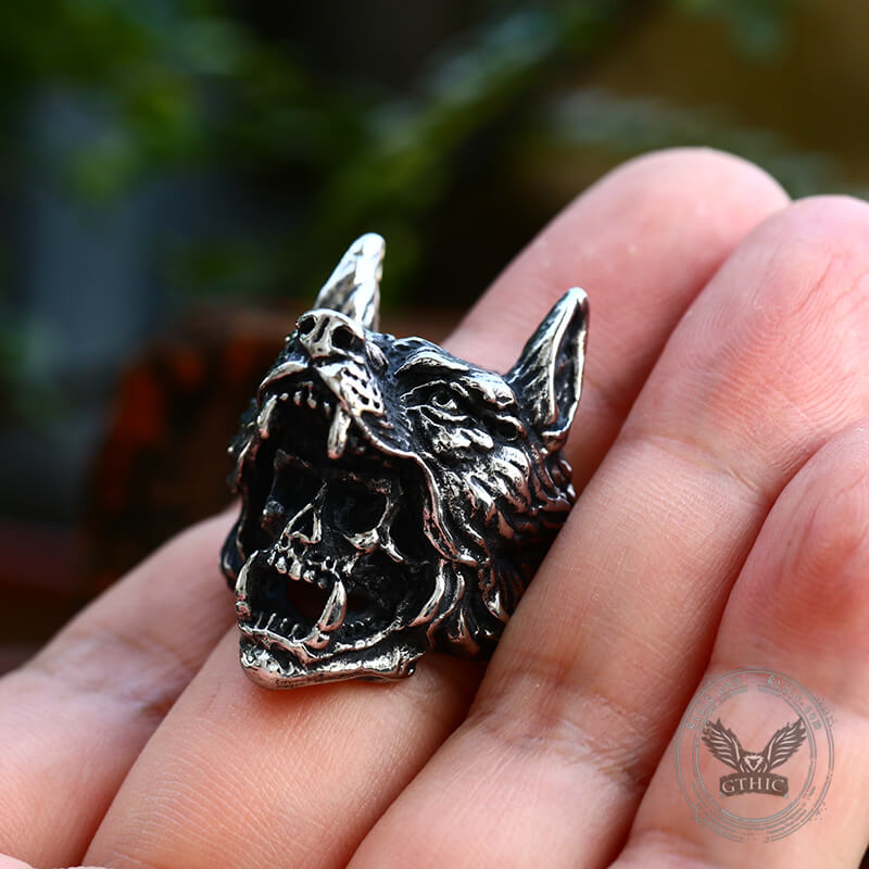 Wolf Warrior Stainless Steel Skull Ring | Gthic.com