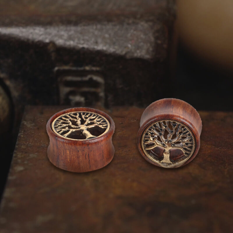 Wooden Tree of Life Brass Ear Gauges | Gthic.com