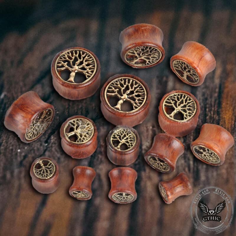 Wooden Tree of Life Brass Ear Gauges | Gthic.com
