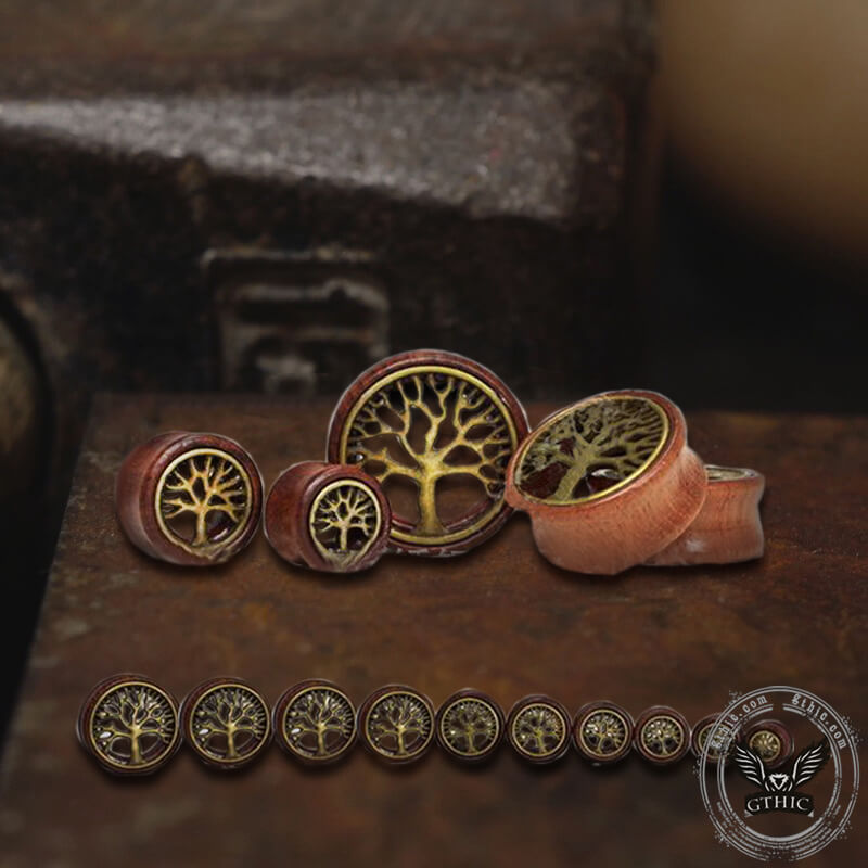 Wooden Tree of Life Brass Ear Gauges | Gthic.com