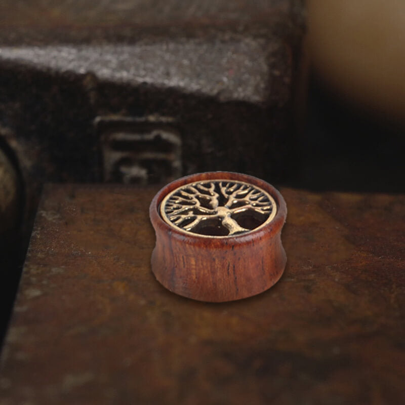Wooden Tree of Life Brass Ear Gauges | Gthic.com