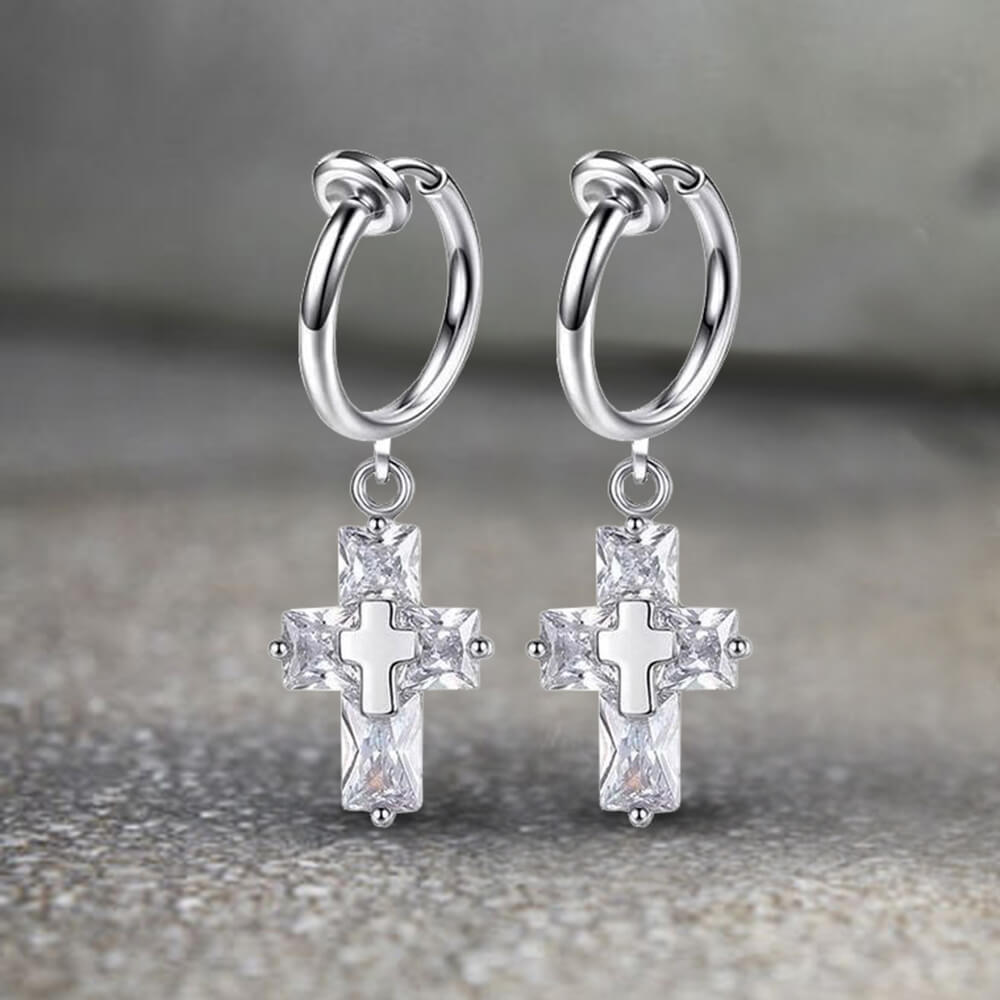 Zircon Cross Stainless Steel Drop Earrings 08 | Gthic.com
