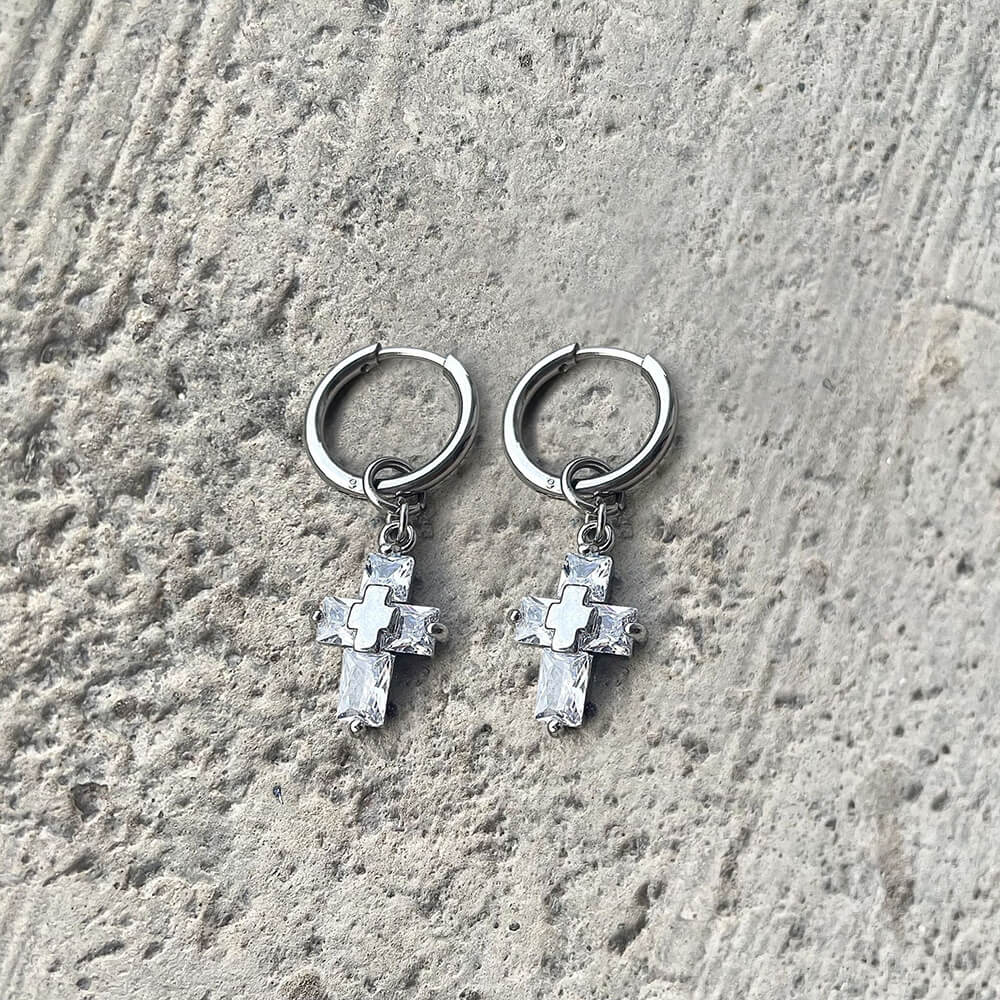 Zircon Cross Stainless Steel Drop Earrings 01 | Gthic.com
