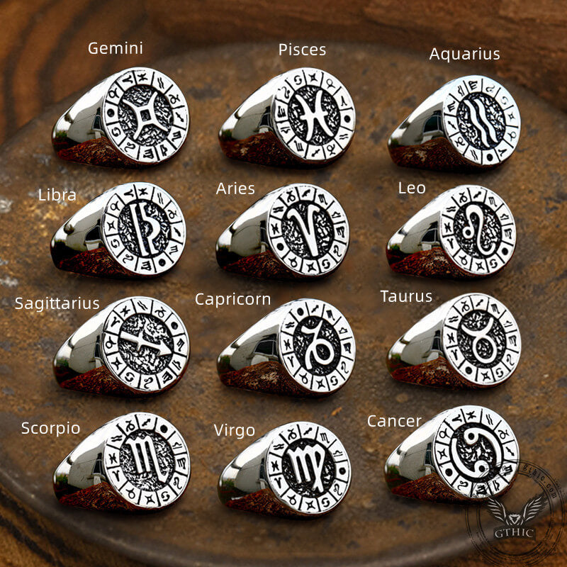 Zodiac Signs Symbol Stainless Steel Ring | Gthic.com